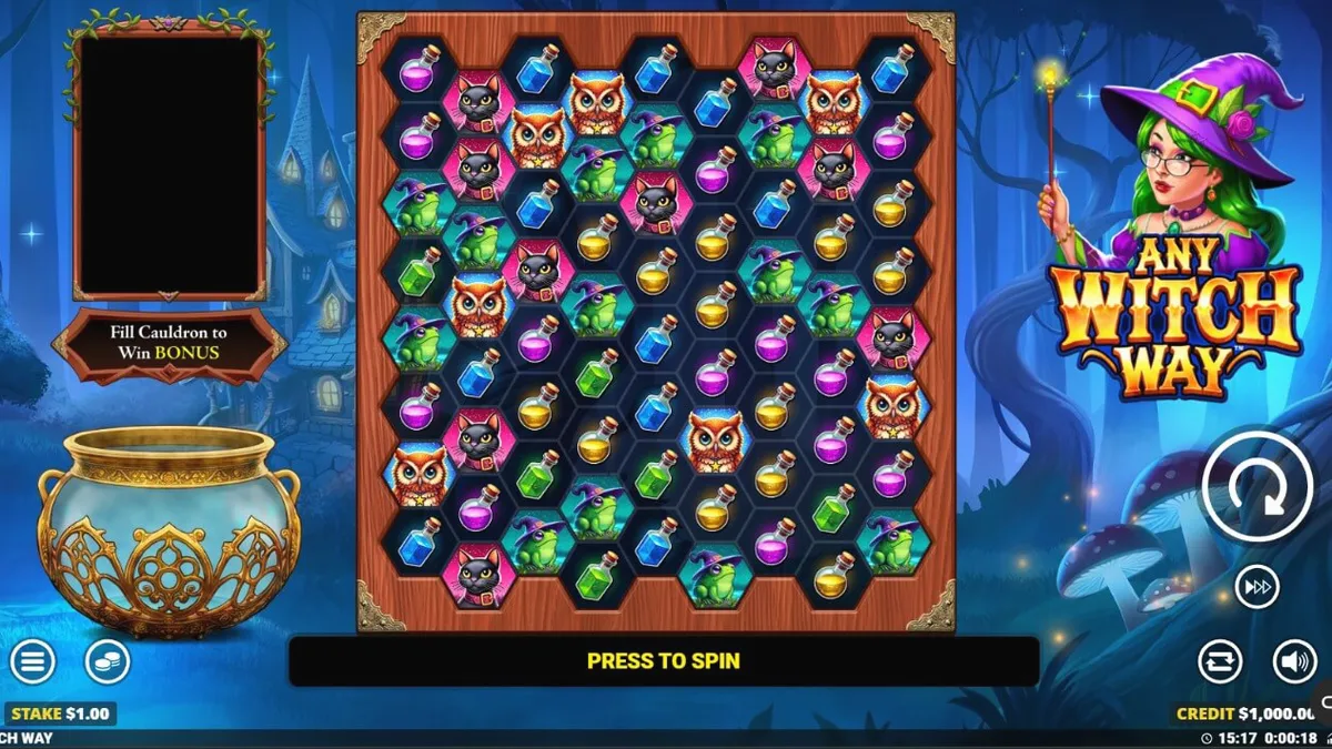 Interface mágica do slot Any Witch Way com caldeirão e símbolos de floresta