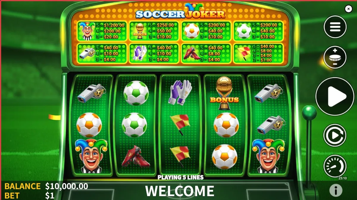 Interface vibrante do slot Soccer Joker com tema de futebol