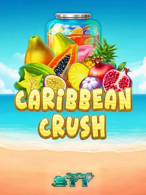 Cenário tropical vibrante de Caribbean Crush com frutas exóticas e elementos de jogo.