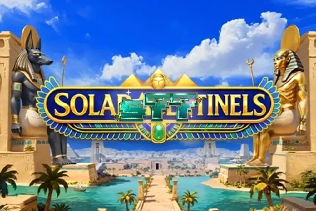 Cenário cinematográfico do slot Solar Sentinels com monumentos egípcios